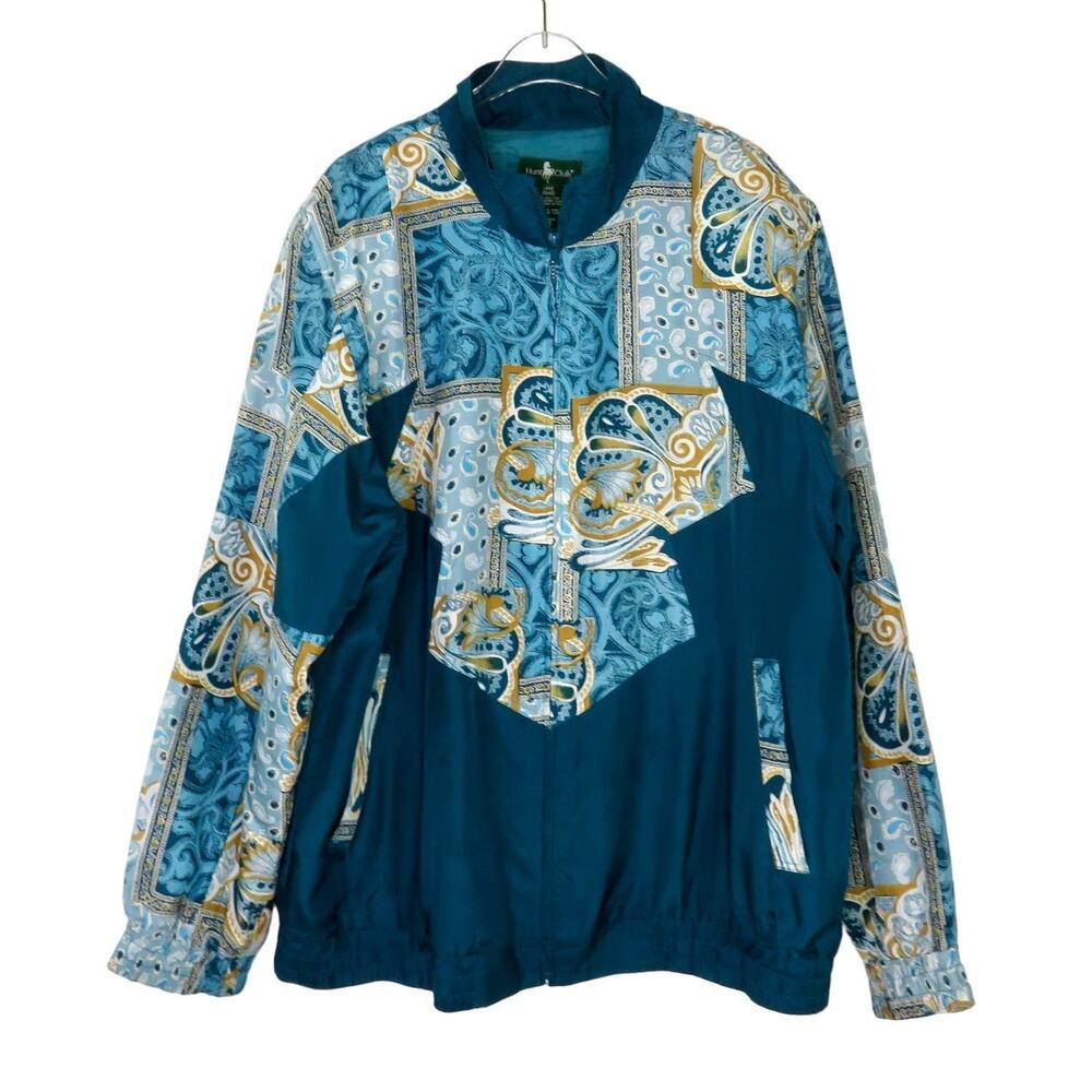 Hunt Club 1980s Vintage Windbreaker Teal Blue & Gold Jacquard Silk Jacket Large